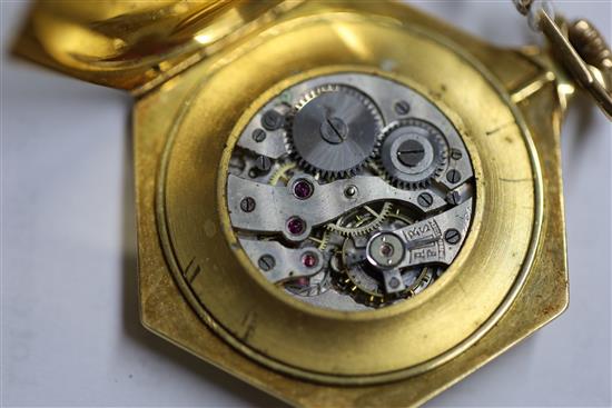 An early 20th century 18ct gold hexagonal dress pocket watch, diameter 40mm, gross 38.5 grams.